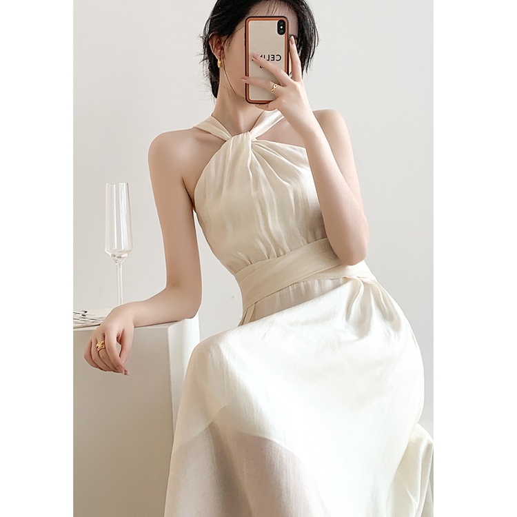 Đầm maxi váy dáng dài nữ cổ yếm thắt eo tôn dáng che khuyết điểm màu trắng đi du lịch đi chơi đi dự tiệc 6091 CT-43.1