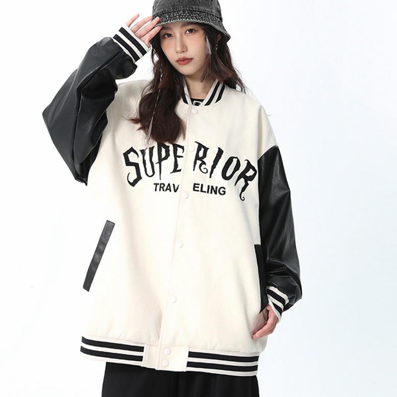 IELGY   Áo Khoác Bóng Chày Da pu Thêu Chữ Thời Trang Cá Tính Cho Nữ