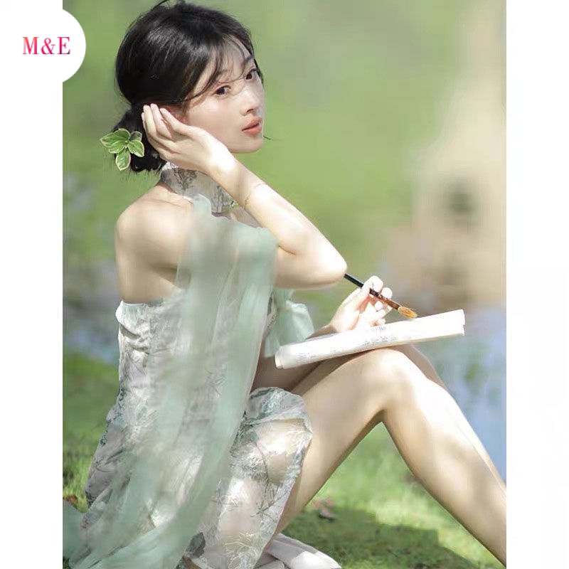 [Hàng Có Sẵn] [Giao Hàng Trong Ngày] Đầm Sườn Xám Cách Tân Dáng Dài Không Dây Kiểu Pháp Mùa Hè