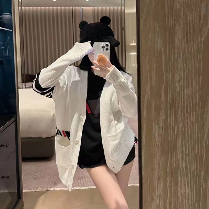 Thom Browne Spring New Age-reducing college style four-bar striped puppy Jacquard knitted cardigan women's casual loose sweater coat