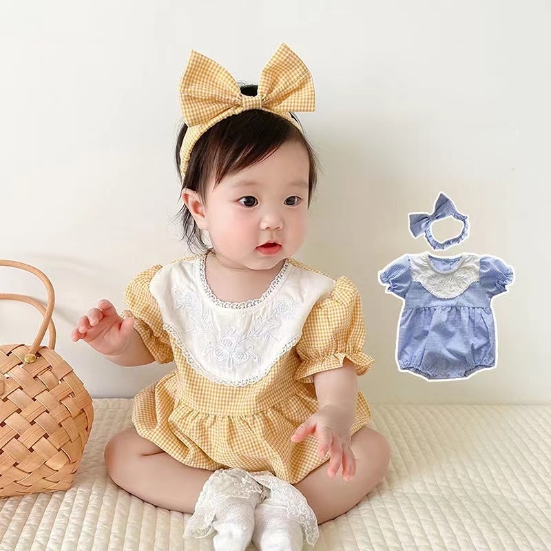 Bộ Áo Liền Quần + Băng Đô Bằng Cotton Trơn Dễ Thương Thời Trang Mùa Hè Cho Bé Gái 0-24 Tháng Tuổi