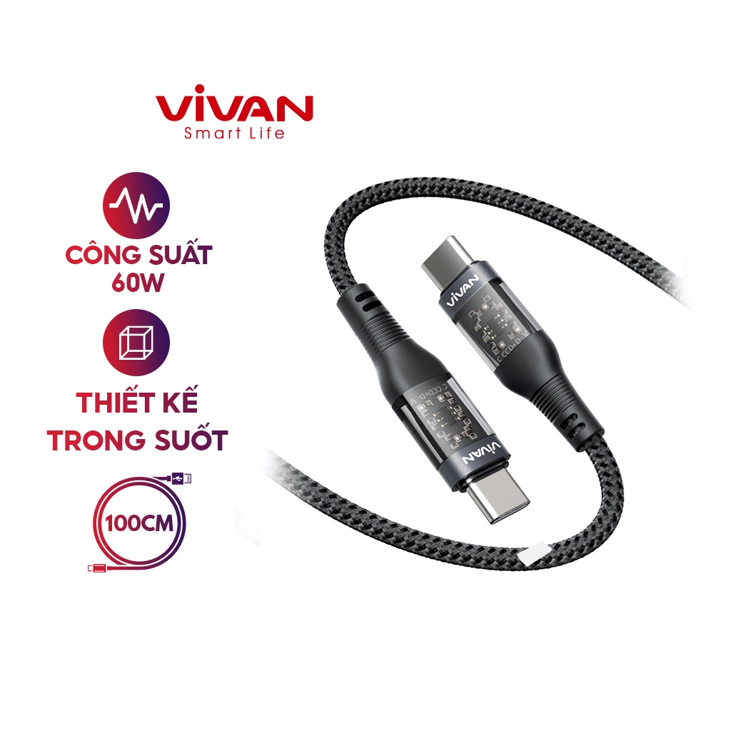 Cáp Sạc Nhanh 60W  trong suốt Type-c to Tao/ Type-C to Type C  VIVAN  1m cáp sạc samsung xiaomi bảo hành 12 tháng