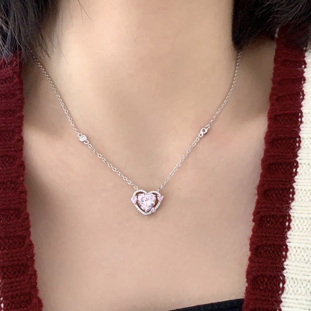 Vòng cổ Pandora Mạ Bạc 925 Mặt Hình Trái Tim Đính Đá Zirconia Thời Trang Cho Nữ