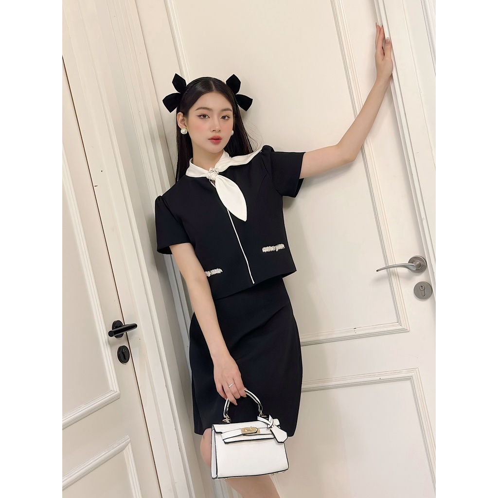 Set Áo GISE cổ nơ + chân váy xòe may có lót