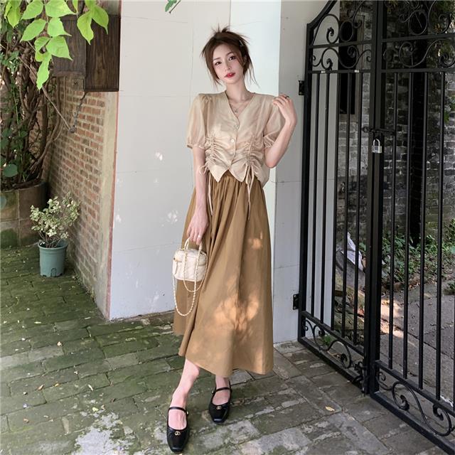Set Áo Sơ Mi Tay Phồng Cao Cấp Phối Chân Váy Màu Trơn Thời Trang Mùa Hè Xinh Xắn Cho Nữ