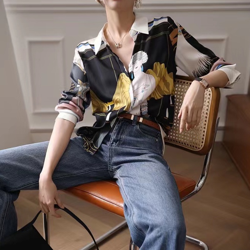 Áo Sơ Mi Lụa Mulberry Tay Dài Màu Đen Khối Lượng Nhẹ In Họa Tiết Retro Cao Cấp Đa Năng Thời Trang Mùa Xuân Cho Nữ FF