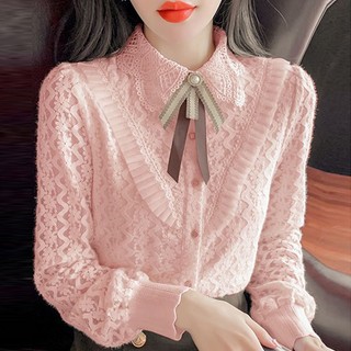 Áo sơ mi công sở nữ chất ren cổ phối nơ