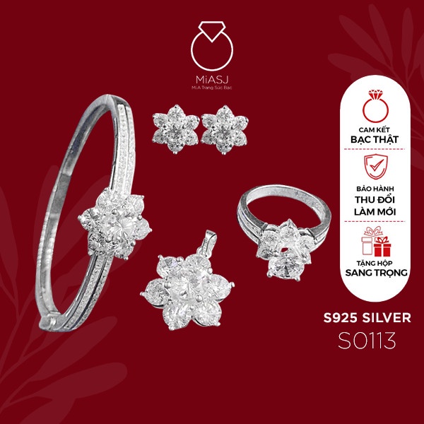 Set bộ 4 món nạm đá CZ cao cấp miễn phí Xi Kim | MiASJ Trang sức bạc