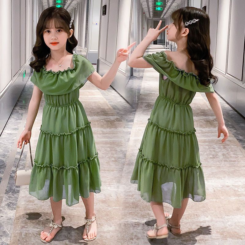 Đầm Dài Qua Gối Trễ Vai Màu Xanh Bơ Thời Trang Mùa Hè 2023 Phong Cách Mới Dành Cho Bé Gái