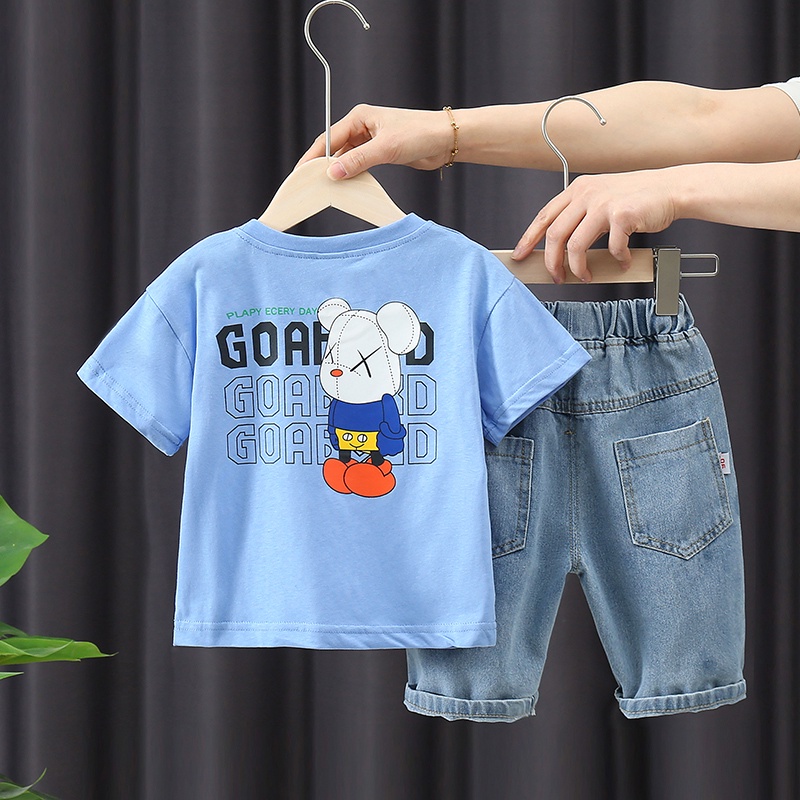 Áo thun ngắn tay cho trẻ em+Quần short denim Bộ quần áo thời trang trẻ em Hàn Quốc phù hợp với bé trai/bé gái