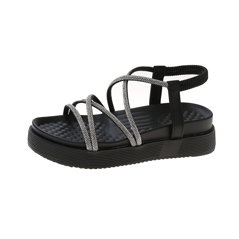 Xăng Đan nữ đính đá quai chéo mảnh đế bánh mì phong cách trẻ trung thời trang