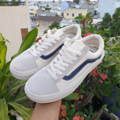 Giày thể thao nam nữ Vans vault old skool màu trắng xanh - Giày Vans old skoll màu trắng vệt xanh than navy Full Box