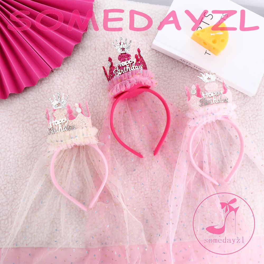 Băng Đô Cài Tóc Hình Vương Miện Phối Lưới Đính Kim Sa Lấp Lánh Dễ Thương