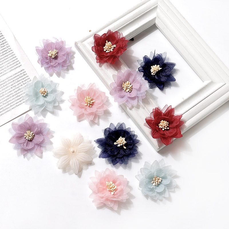 Set 10 Bông Hoa Hồng Giả Bằng Vải Voan Organza Dùng Trang Trí Đám Cưới