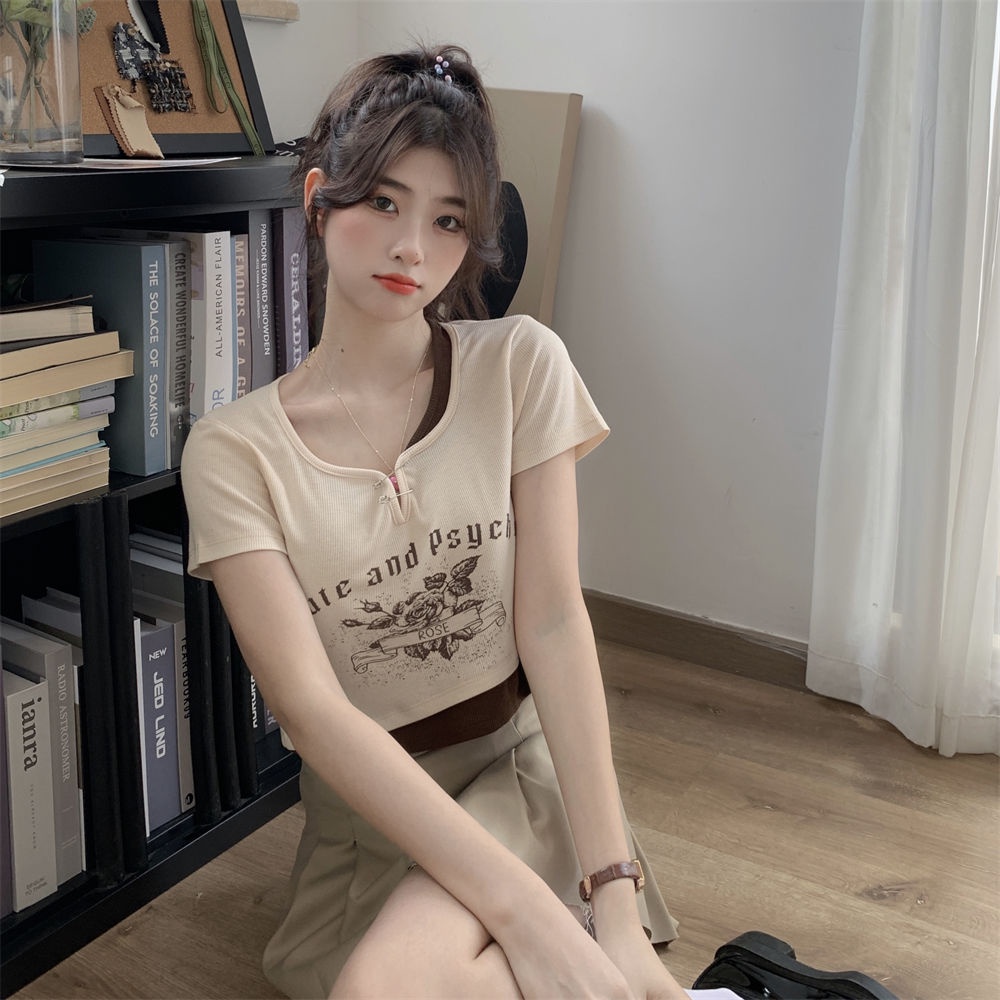 COZOK Áo Thun Ngắn Tay Hở Rốn In Họa Tiết vintage Thời Trang