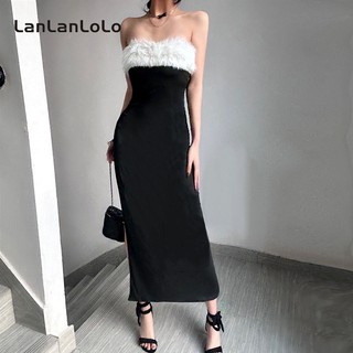 LanLanLo Nữ Màu Sắc Tương Phản Tắt Vai Gợi Cảm Không Lưng Lông Cao Cấp Thông Hơi