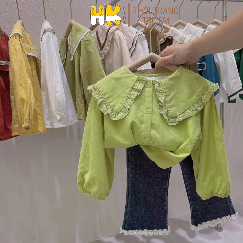 Áo sơ mi cho bé gái HK KIDS, áo sơmi dài tay cổ bèo có lớp lót nhung xinh xắn và ấm size cho bé 4-8 tuổi (mã 9832+9851)