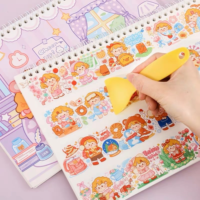 Sổ Chiết Sticker Washi Sổ Lò Xo 40 Tờ Hình Cô Gái Tóc Xoăn Dễ Thương