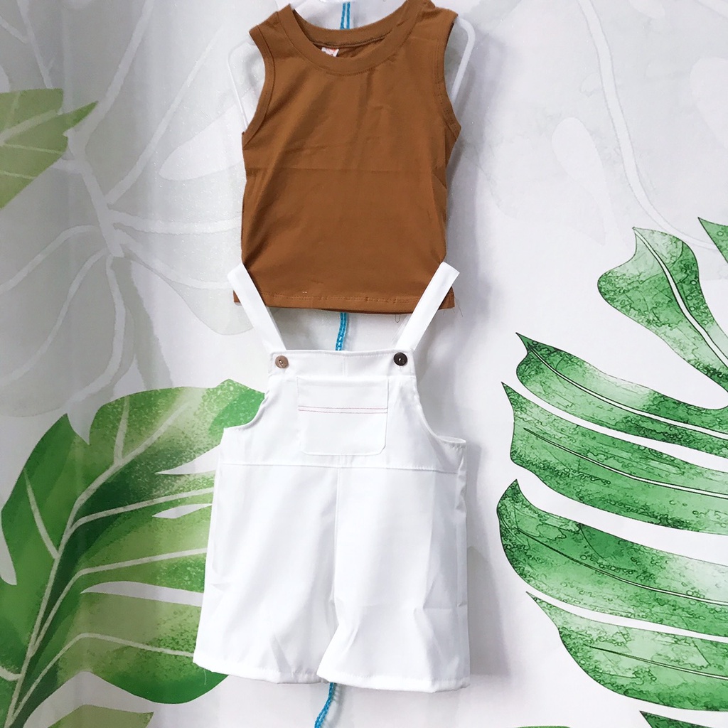 Bộ bé gái _set yếm đùi áo cotton và quần yếm kaki trắng XHN1165