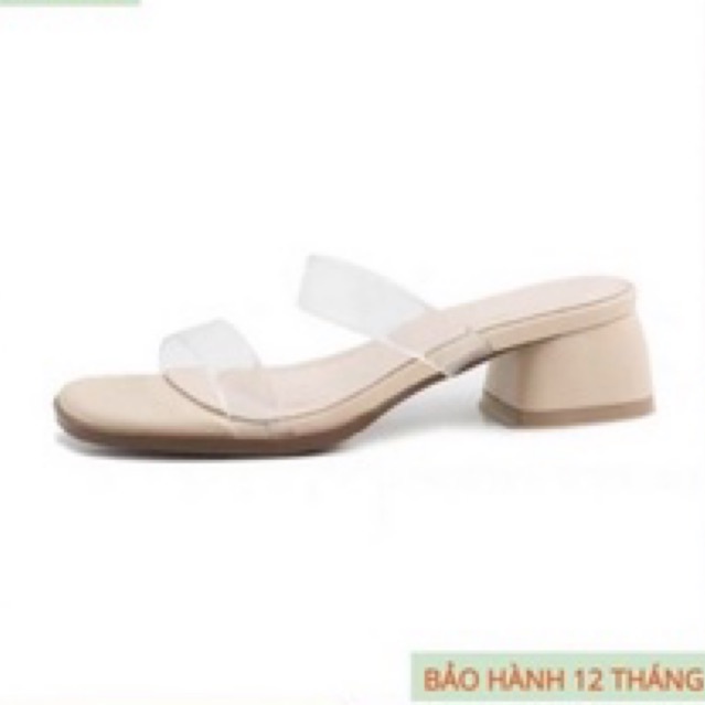 Dép guốc gót vuông 3 phân 2 quai ngang mica trong