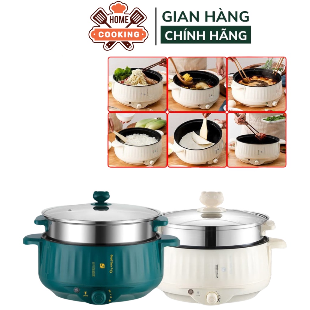 Nồi lẩu điện đa năng 2 tầng 28cm tặng kèm giá hấp inox 3 nấc nhiệt, thiết kế sang trọng phủ chống dính, chiên xào hấp