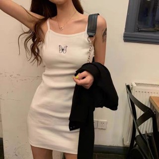 [ORDER] Đầm body 2 dây màu trắng họa tiết con bướm/đầm bó - Có ảnh thật