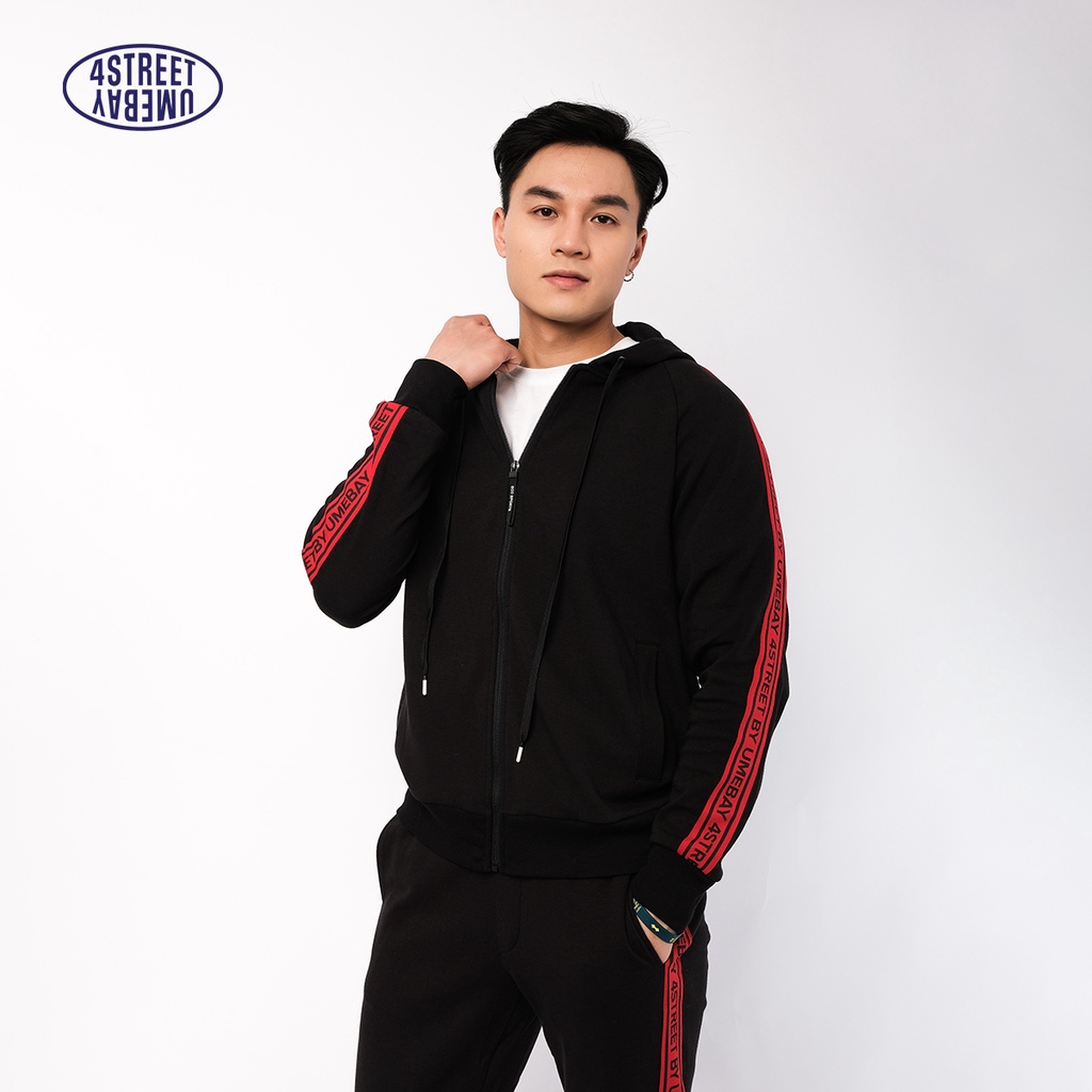 Áo hoodie thể thao nam mũ 2 lớp Umebay, vải đen phối sọc đỏ, cotton co giãn USS62A