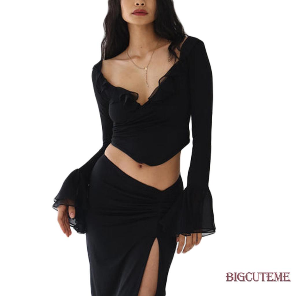 Set Đồ Mùa Hè 2 Món Gồm Áo Tay Dài Cổ V Nhún Bèo Màu Sắc Trơn + Chân Váy Đuôi Cá Eo Thấp Xẻ Tà Cho Nữ