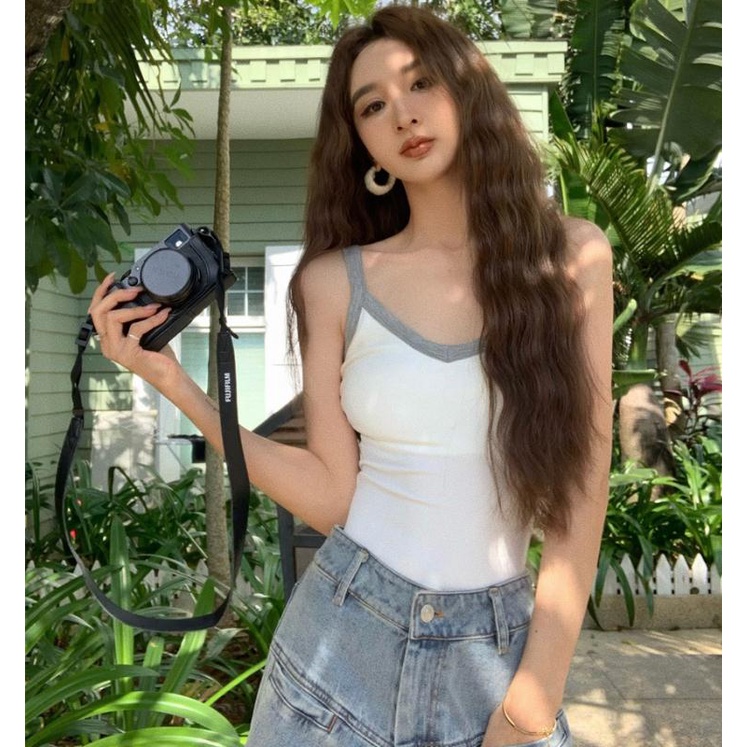 Áo Có Mút Đệm Ngực Màu Sắc Tương Phản Độc Đáo Phong Cách Pháp Thời Trang Mùa Hè Cho