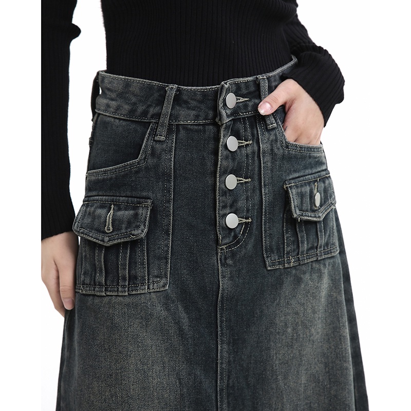 Chân Váy Denim Dài Dáng Chữ A Lưng Cao Phối Túi Phong Cách Hàn Quốc Thời Trang Cho Nữ