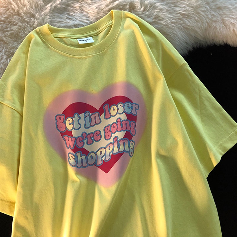 Áo thun XINLANYASHE cổ tròn tay ngắn dáng rộng in họa tiết thời trang Hàn Quốc 2023 cho nữ