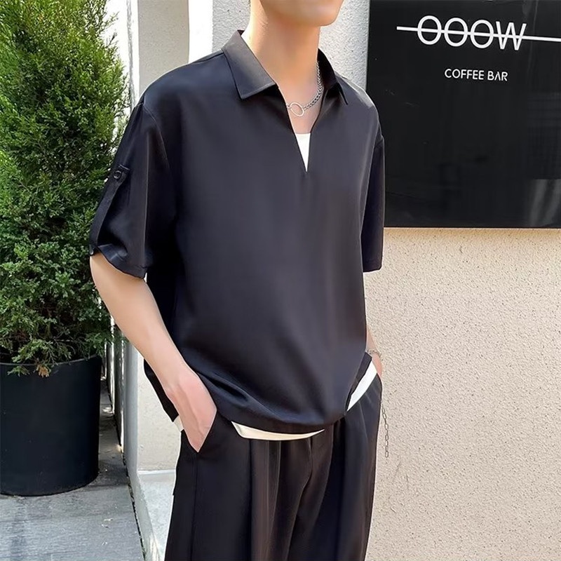 Áo Thun polo Giả Hai Mảnh Dáng Rộng Tay Ngắn Màu Trơn Vải Lụa Lạnh Cao Cấp Phong Cách Hàn Quốc Thời Trang Mùa Hè Hàng Mới 2022 Dành Cho Bạn Nam