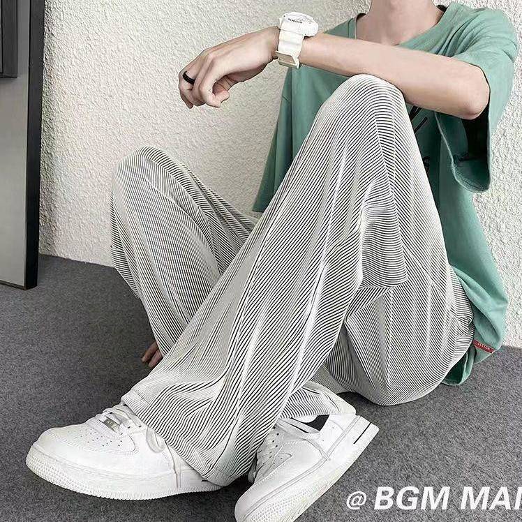 Ice Silk Trousers Men's Summer High-Grade Fried Street Pants Men's Ins Trendy Pleated Sports Style Ice Silk Drooping Wide-Leg Pants Gn0P