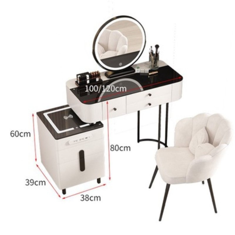 Bàn trang điểm kèm gương đèn Led cảm ứng 3 màu hiện đại, bàn phấn có tủ và ngăn kéo, kèm loa bluetooth sặc không dây
