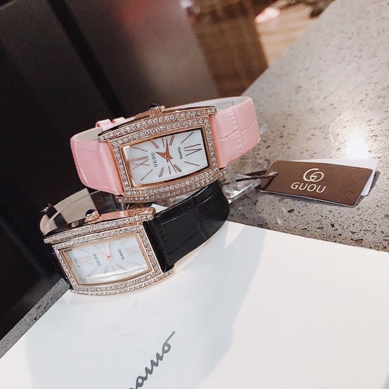 Đồng hồ thời trang nữ Guou dây da mềm full đá viền siêu sang đẹp chống nước Mai Luxury Watch G8225