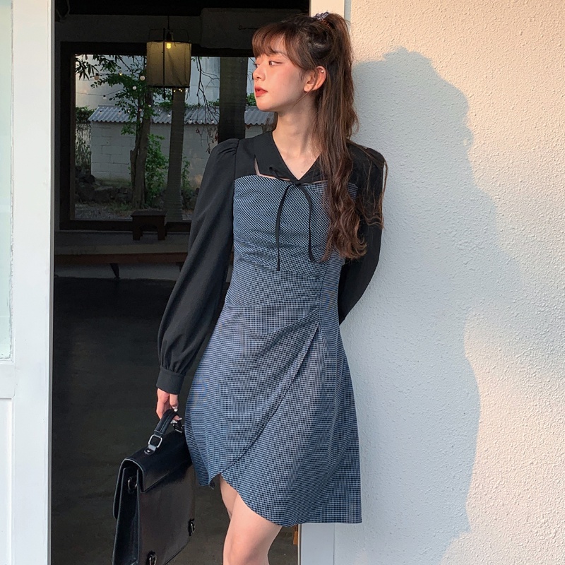 Đầm Sơ Mi Dáng Chữ a Lưng Cao Họa Tiết Sọc Caro Phong Cách Retro Nhật Bản Thời Trang Mùa Xuân
