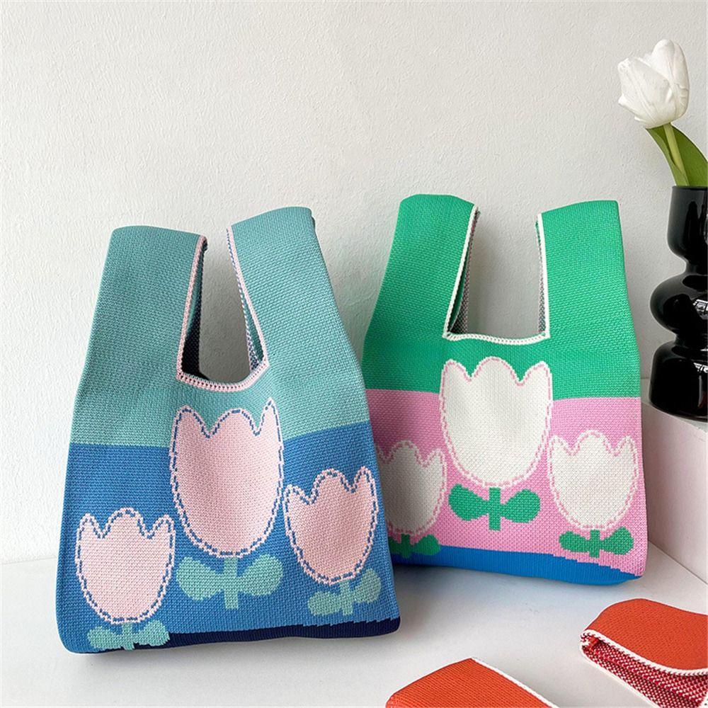 Túi Xách Tote Dệt Kim Họa Tiết Hoa Sọc Ca Rô Tái Sử Dụng Được Tiện Lợi