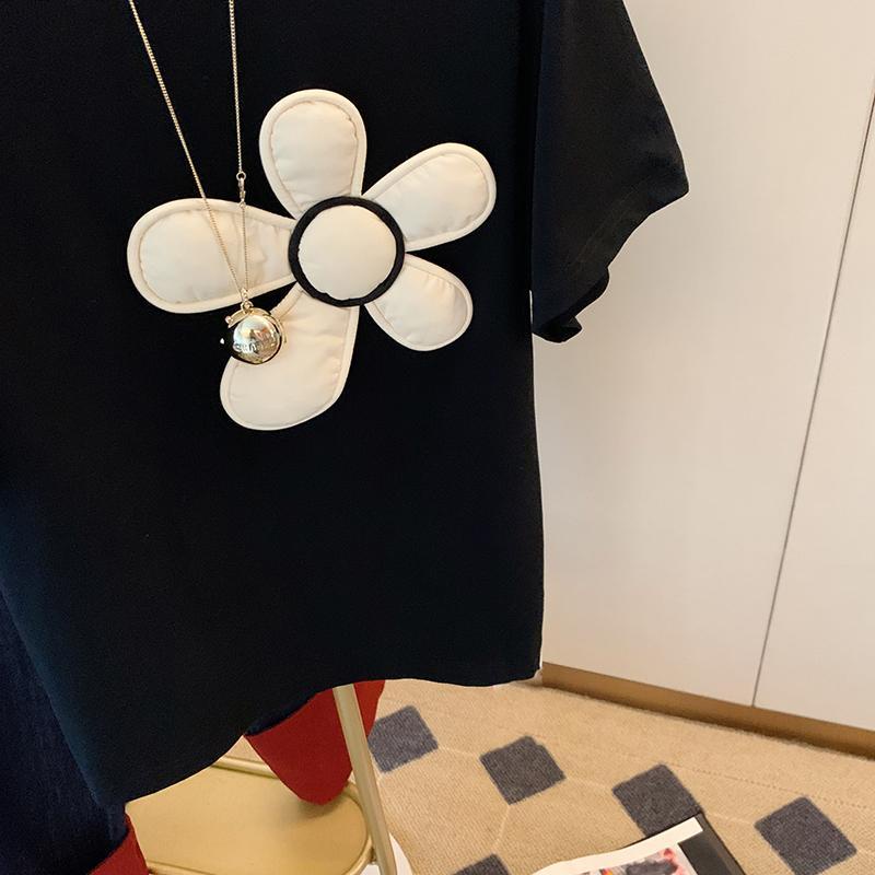 Áo Thun Đen Tay Ngắn Dáng Rộng In Hình Hoa Phong Cách Hàn Quốc Thời Trang Cho Nữ Lên Đến 150kg