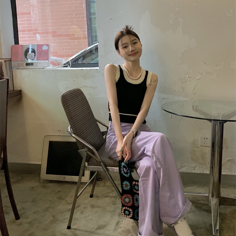 IELGY   Áo Dệt Kim Sát Nách Dáng Ôm Màu Sắc Tương Phản Thời Trang Cho Nữ