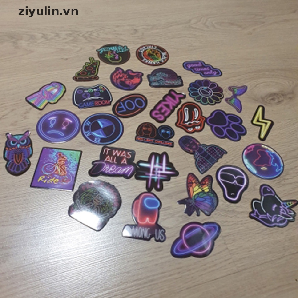 Bộ 50 Miếng Dán Họa Tiết Graffiti Màu Neon Trang Trí Vali / Xe Hơi / Xe Máy DIY