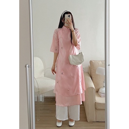 Áo dài cách tân dáng suông Hanna thêu hoa cao cấp mẫu mới nhất 2023, tay loe cánh tiên mặc đám cưới hỏi lễ tết sự kiện