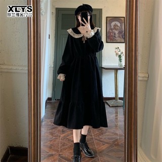 Đầm chữ A XINLANYASHE dài tay cổ búp bê phối ren thời trang Hàn Quốc cho nữ