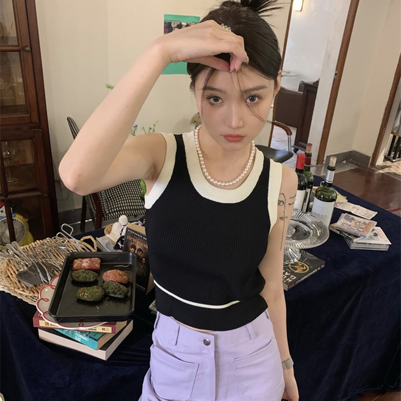 IELGY   Áo Dệt Kim Sát Nách Dáng Ôm Màu Sắc Tương Phản Thời Trang Cho Nữ