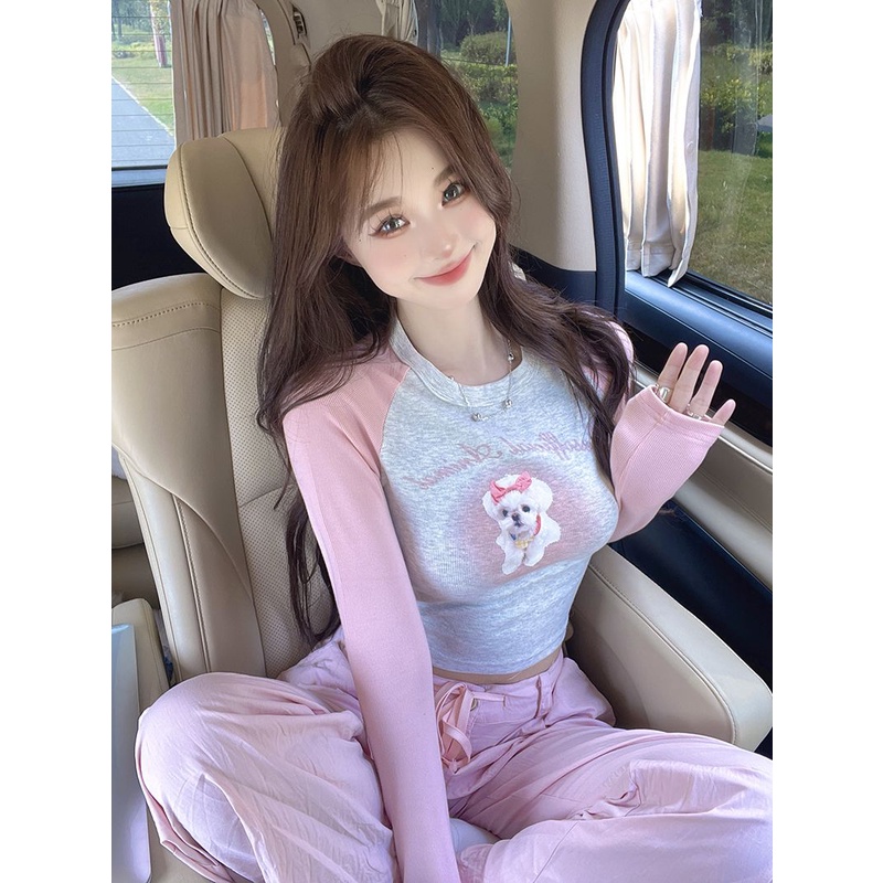 COZOK Áo Thun Raglan Tay Lửng Dáng Ôm In Họa Tiết Thời Trang