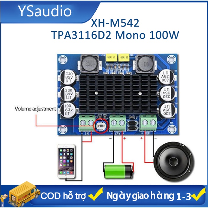 XH-M542 Khuếch Đại Âm Thanh TPA3116D2 DC 12-26V 100W TPA3116DA Mono Kỹ Thuật Số