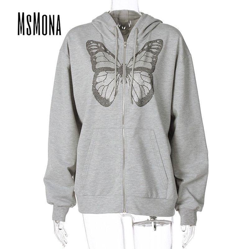 Áo Hoodie Dáng Rộng Khóa Kéo In Họa Tiết Bướm Thời Trang Đường Phố 2023 Cho Nữ