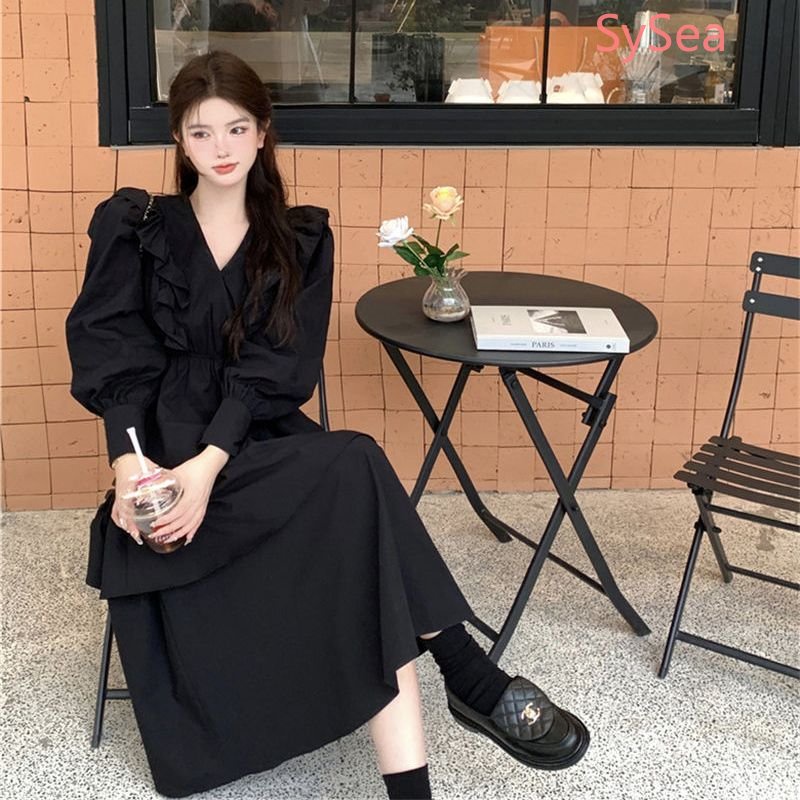 Đầm Tay Dài Cổ Chữ V Phối Bèo Phong Cách Pháp