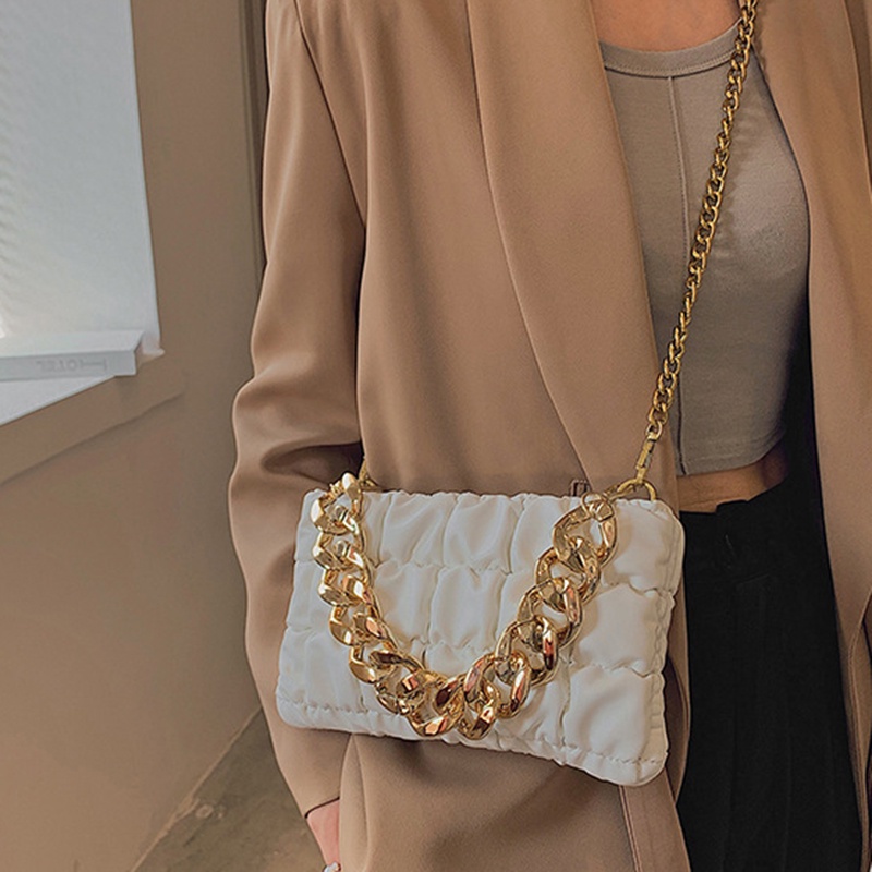 Ielgy Túi Xách Đeo Vai Bề Mặt Dày Mềm Mại Họa Tiết Kẻ Sọc Có Dây Xích