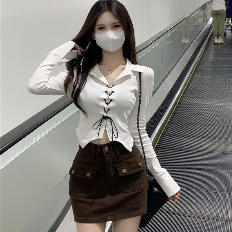 Áo Thun Mỏng Tay Dài Cổ Polo Dáng Ngắn Thời Trang Mùa Xuân Cho Nữ