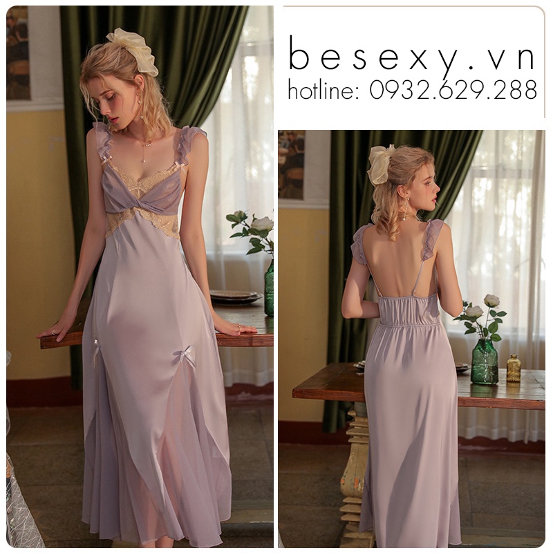 Váy Ngủ Lụa Phối Voan Màu Tím Dáng Dài Nhẹ Nhàng Quyến Rũ Phong Cách Tiểu Thư